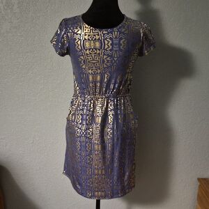 Girls LuLaRoe Gold and Periwinkle Patterned Mini Dress